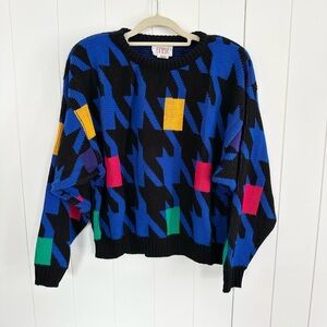 Vintage 1980s Women’s Finesse Black and Blue Geometric Sweater